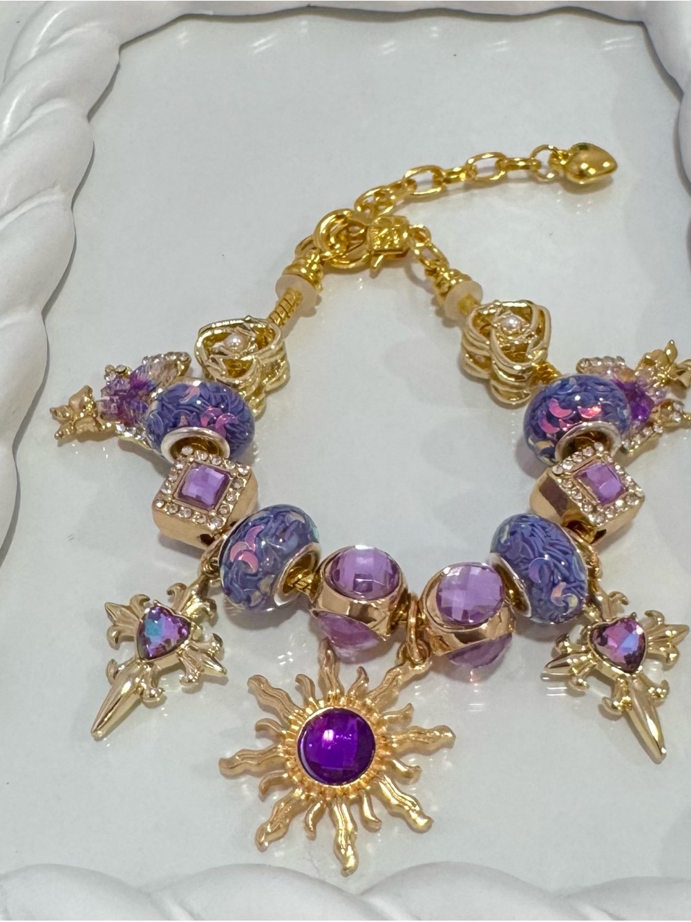 New Gold-Tone Purple Charm & Bead Bracelet with Sun Pendant